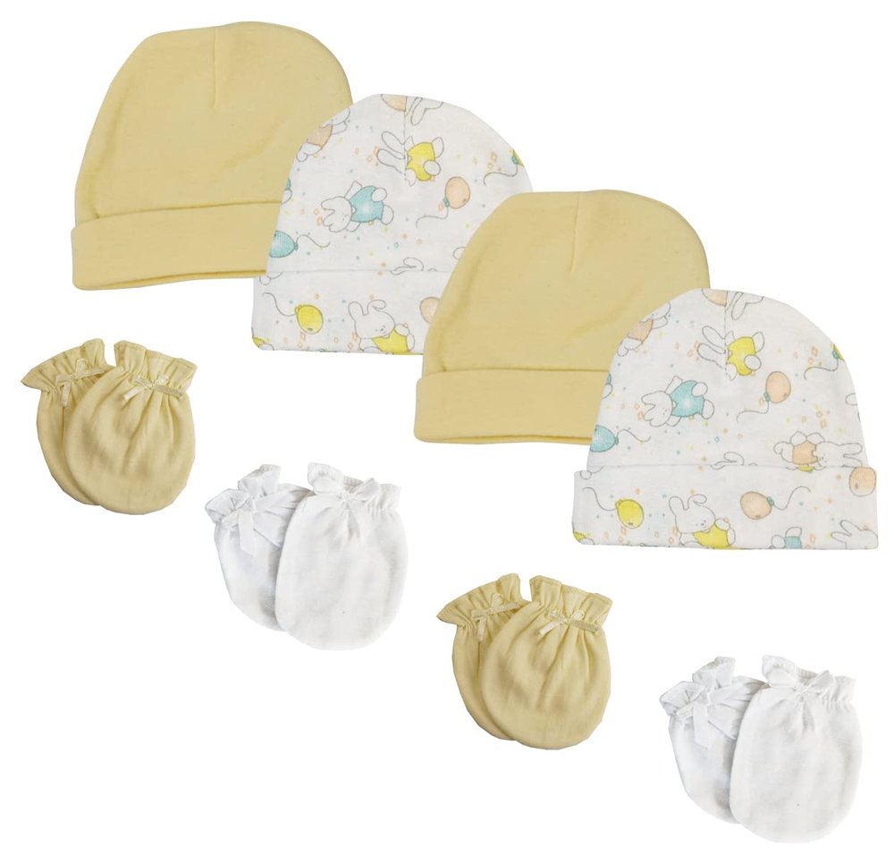 Bambini NC-0283 Baby Boy Baby Girl Unisex Infant Caps & Mittens White - Newborn - Pack of 8
