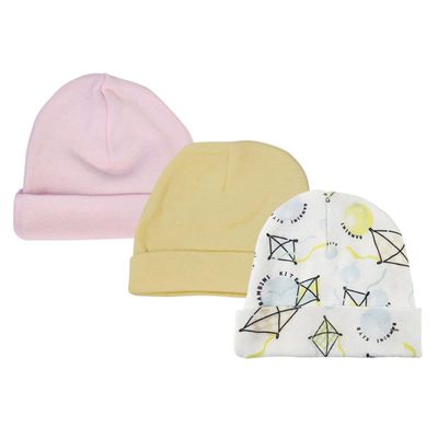 Bambini NC-0350 Baby Girls Caps White & Pink - Newborn - Pack of 3