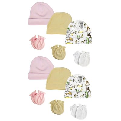 Bambini NC-0299 Boys Girls Caps & Mittens White & Pink - Newborn - Pack of 12