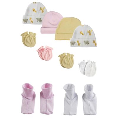 Bambini NC-0382 Baby Girls Caps Booties & Mittens Set White & Pink - Newborn - Pack of 10