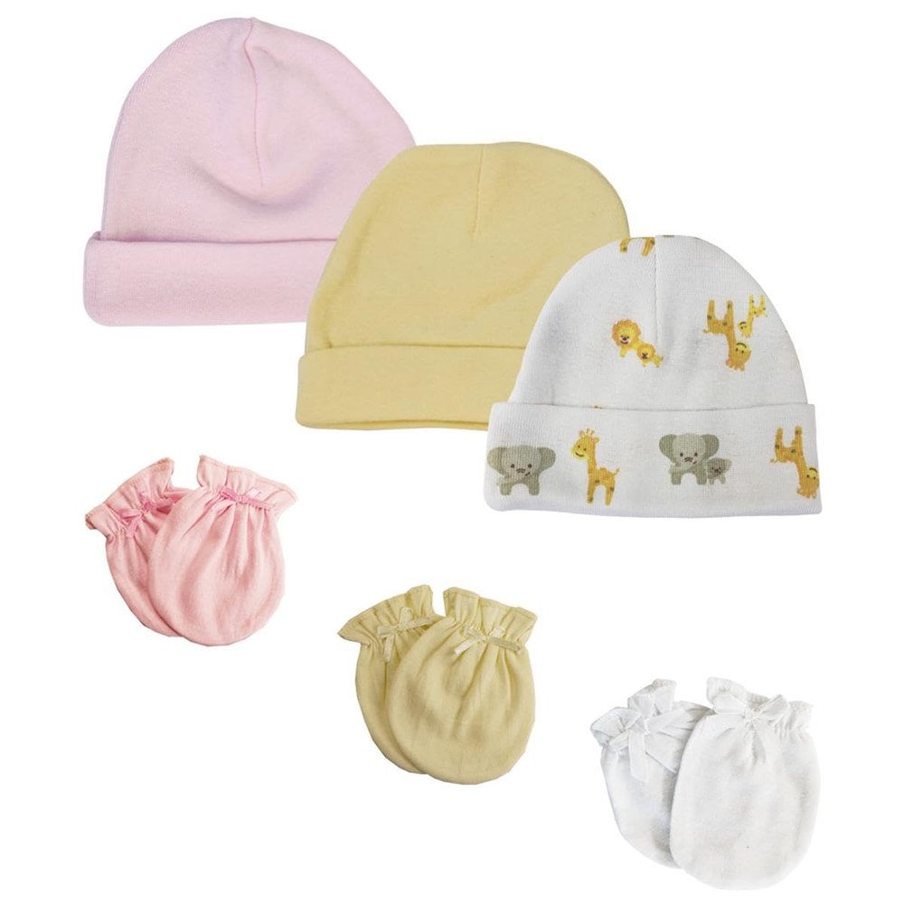 Bambini NC-0384 Baby Girls Caps & Mittens Set White & Pink - Newborn - Pack of 6