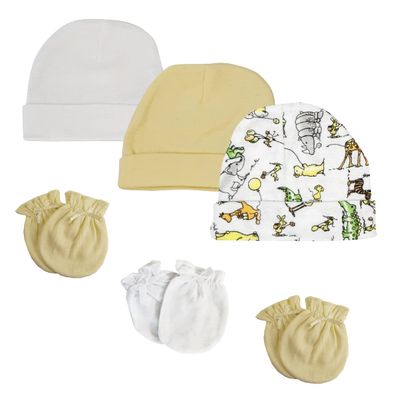 Bambini NC-0302 Baby Boy Baby Girl Unisex Infant Caps & Mittens White - Newborn - Pack of 6