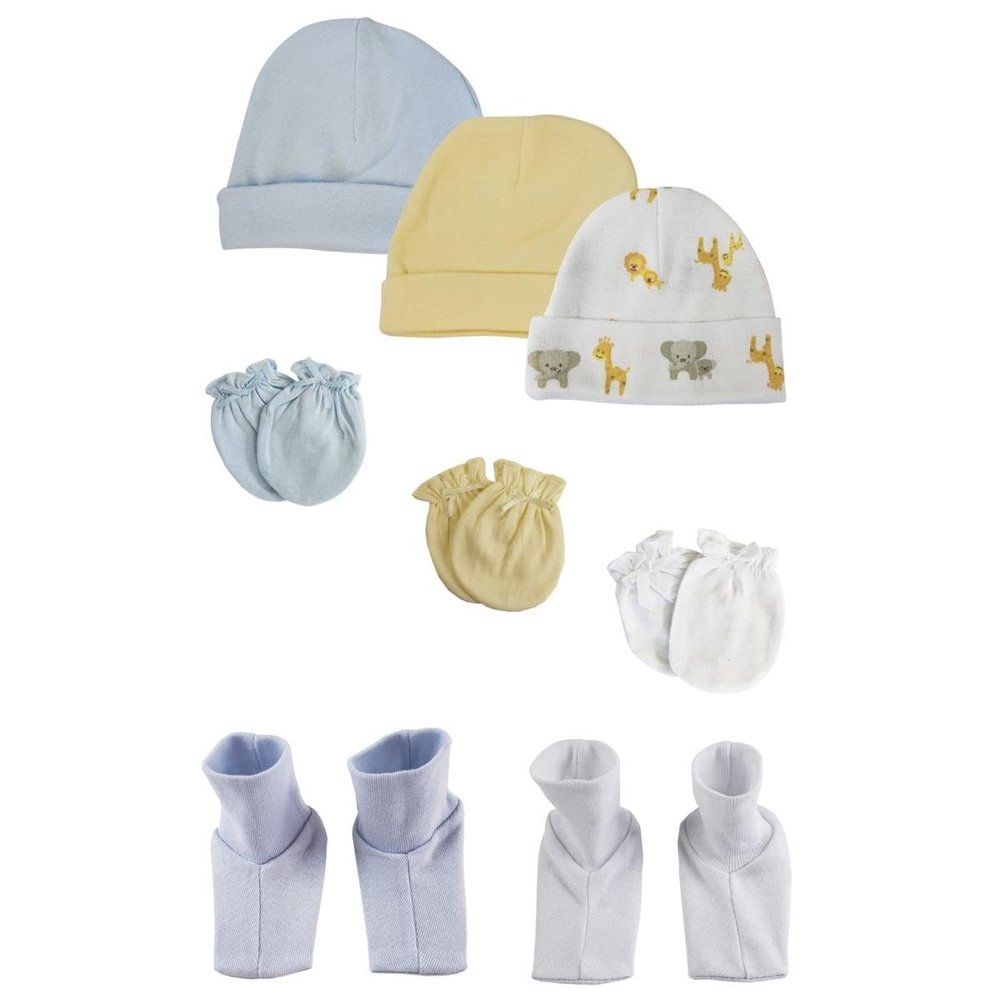 Bambini NC-0376 Baby Boys Caps Booties & Mittens White & Blue - Newborn - Pack of 8