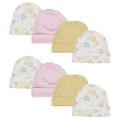 Bambini NC-0269 Girls Baby Caps White & Pink - Newborn - Pack of 8