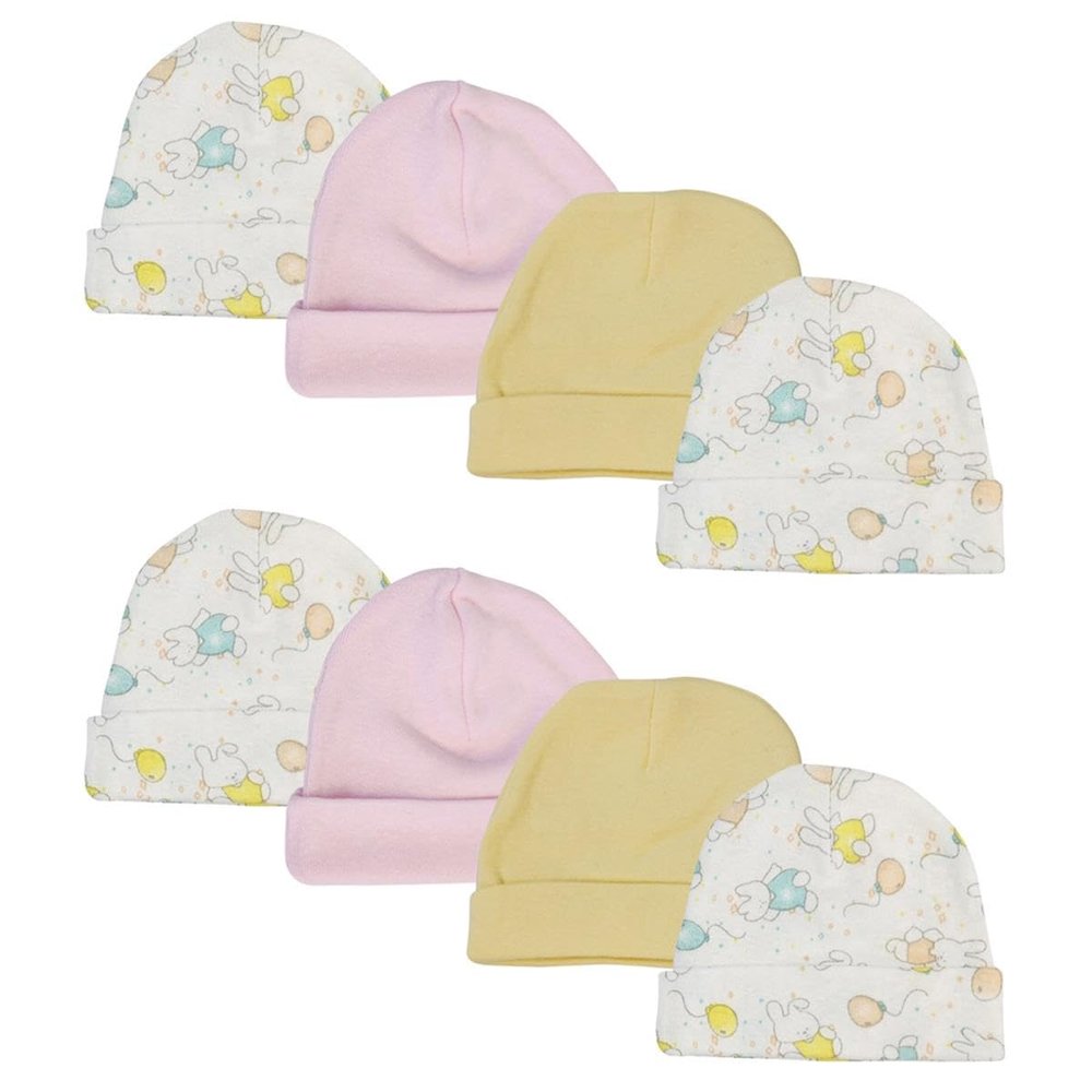 Bambini NC-0269 Girls Baby Caps White & Pink - Newborn - Pack of 8