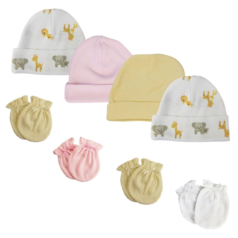 Bambini NC-0381 Baby Girls Caps & Mittens Set White & Pink - Newborn - Pack of 8