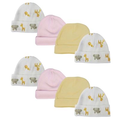 Bambini NC-0380 Baby Girls Caps White & Pink - Newborn - Pack of 8