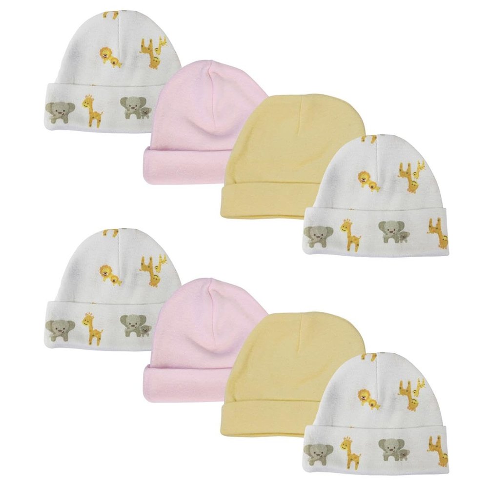 Bambini NC-0380 Baby Girls Caps White & Pink - Newborn - Pack of 8