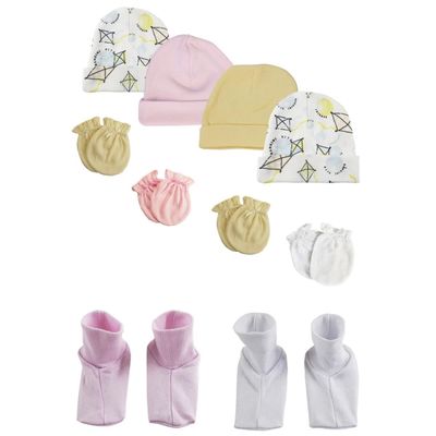 Bambini NC-0354 Baby Girls Caps Booties & Mittens White & Pink - Newborn - Pack of 10