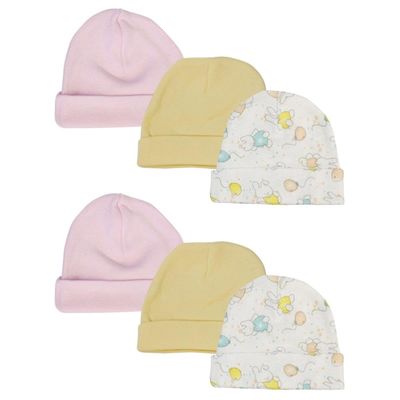 Bambini NC-0272 Girls Baby Caps White & Pink - Newborn - Pack of 6