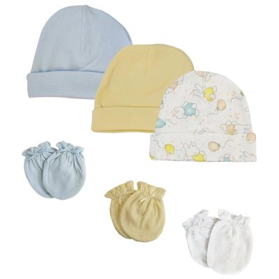 Bambini NC-0264 Boys Baby Caps & Mittens White & Blue - Newborn - Pack of 6