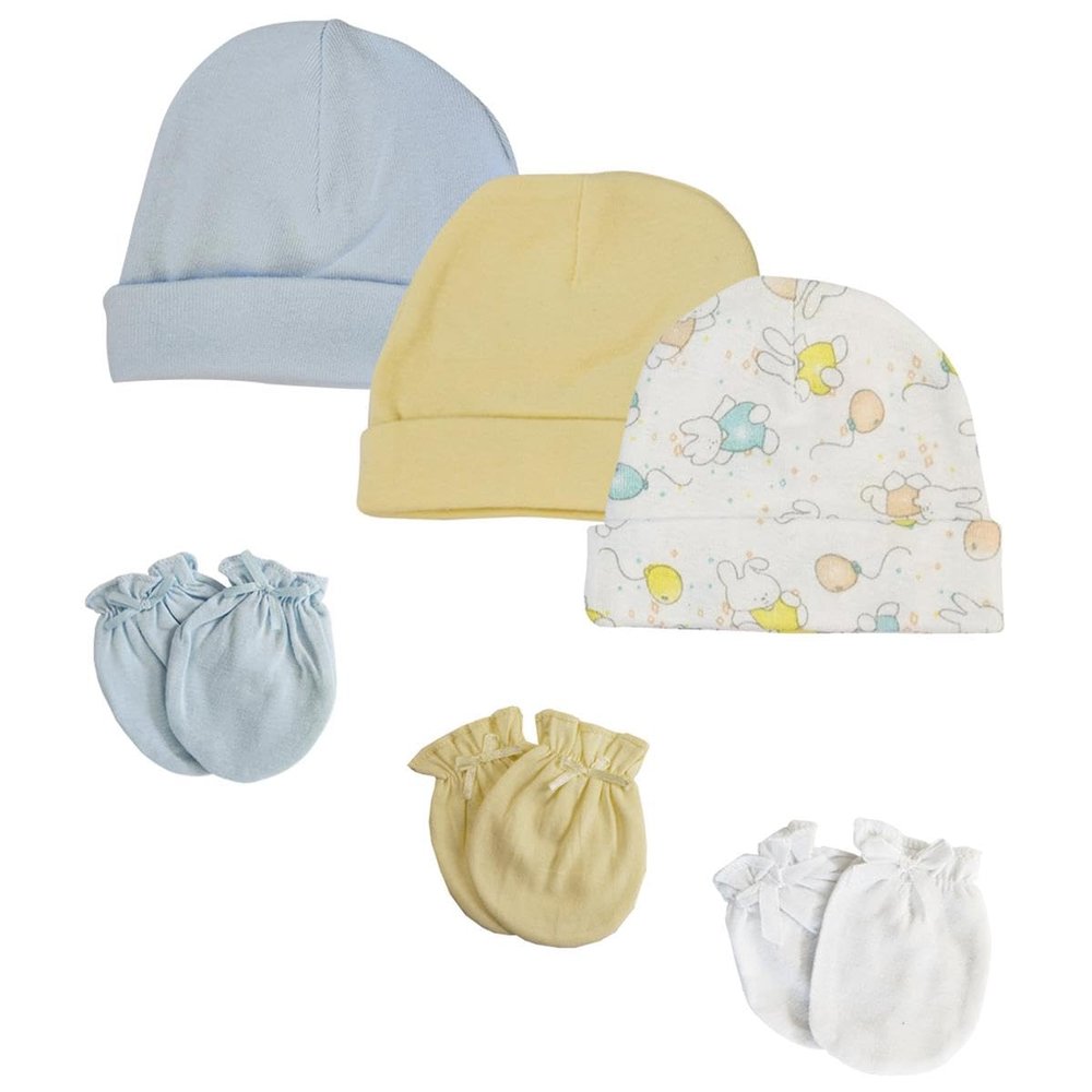 Bambini NC-0264 Boys Baby Caps & Mittens White & Blue - Newborn - Pack of 6
