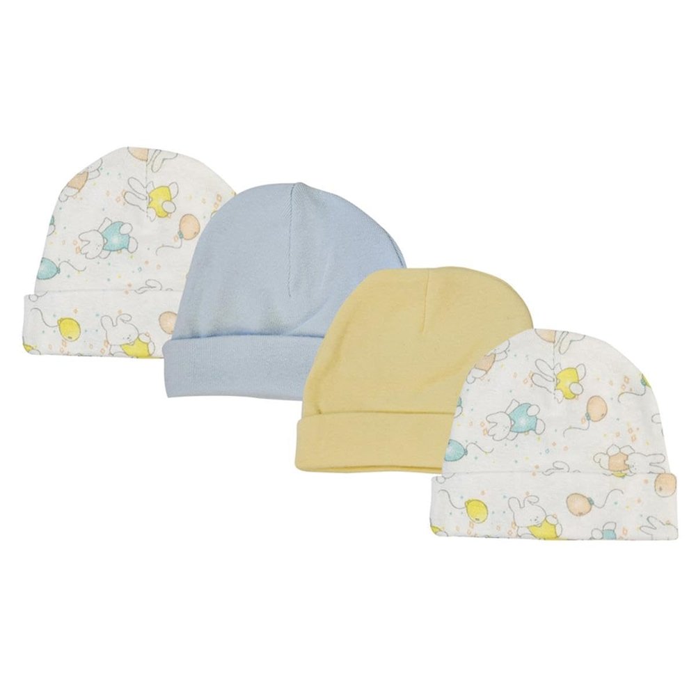 Bambini NC-0259 Boys Baby Caps White & Blue - Newborn - Pack of 4