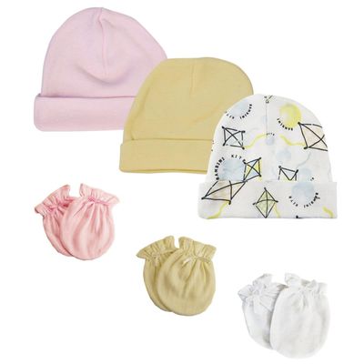 Bambini NC-0357 Baby Girls Caps & Mittens White & Pink - Newborn - Pack of 6