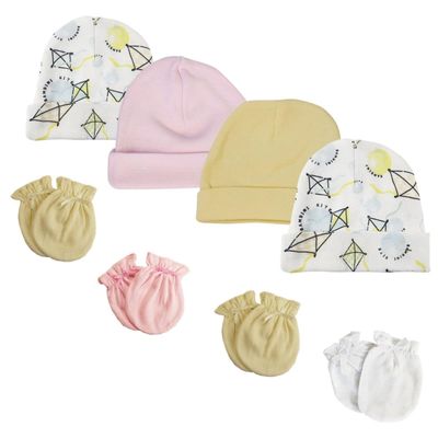 Bambini NC-0353 Baby Girls Caps & Mittens White & Pink - Newborn - Pack of 8
