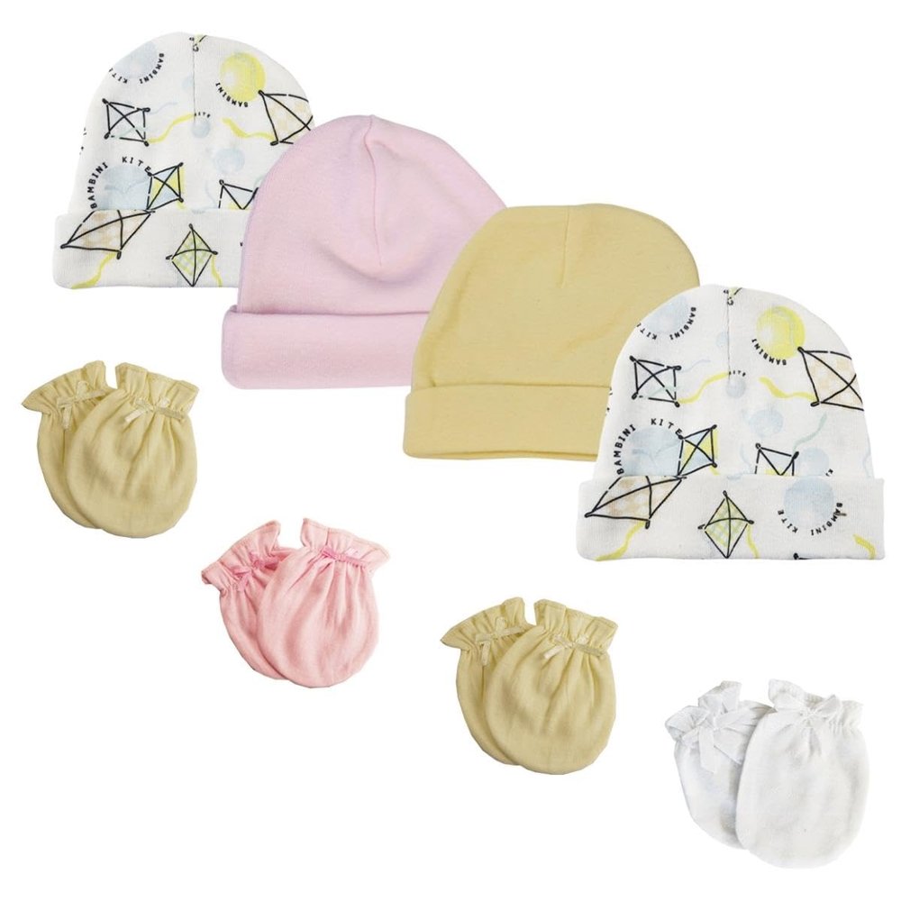 Bambini NC-0353 Baby Girls Caps & Mittens White & Pink - Newborn - Pack of 8