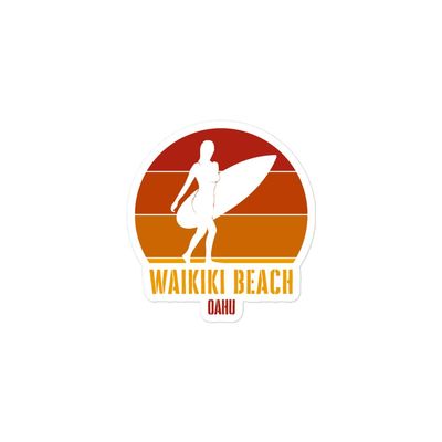 Lauranna Pacific Surfing Waikiki Beach Oahu, Hawaiian Surfer Girl Red Sticker, 33, White