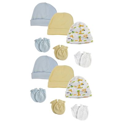 Bambini NC-0317 Baby Boy Infant Caps & Mittens White & Blue - Newborn - Pack of 12