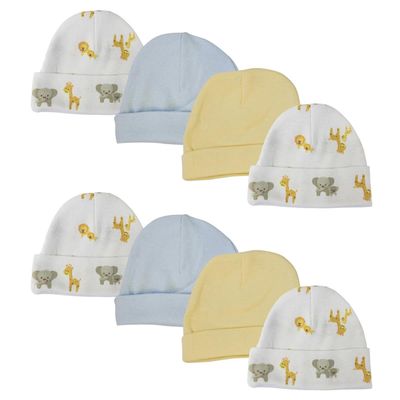 Bambini NC-0371 Baby Boys Caps White & Blue - Newborn - Pack of 8