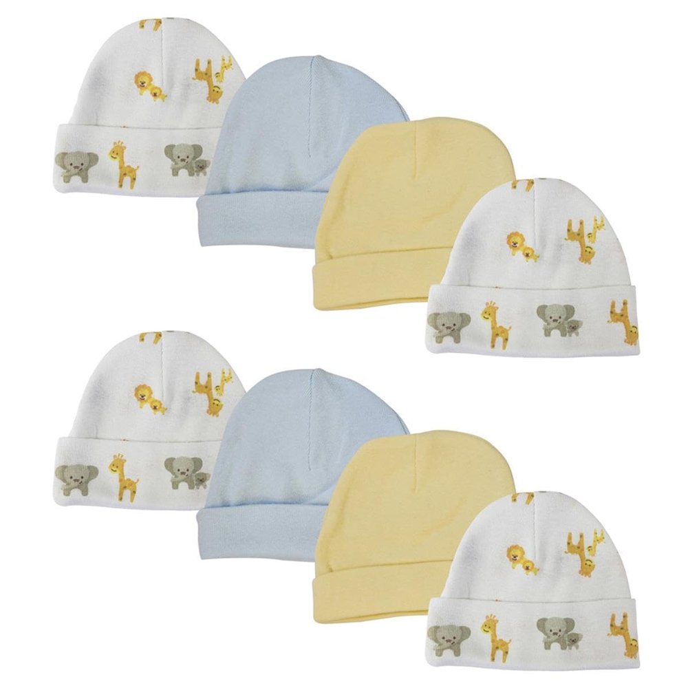 Bambini NC-0371 Baby Boys Caps White & Blue - Newborn - Pack of 8