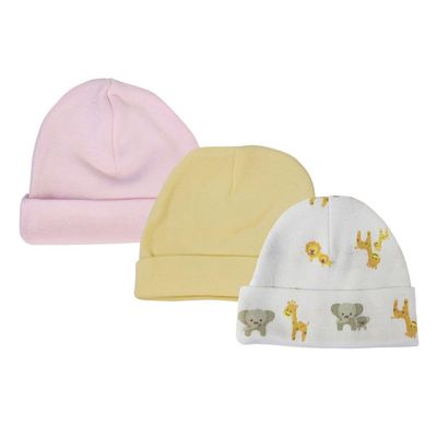 Bambini NC-0378 Baby Girls Caps White & Pink - Newborn - Pack of 3