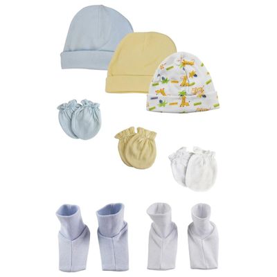 Bambini NC-0316 Baby Boy Infant Caps Booties & Mittens White & Blue - Newborn - Pack of 8
