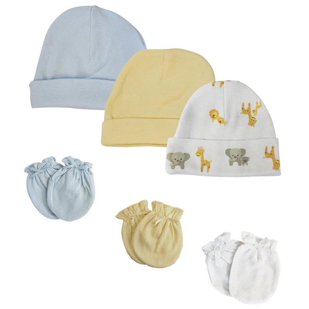 Bambini NC-0375 Baby Boys Caps & Mittens White & Blue - Newborn - Pack of 6