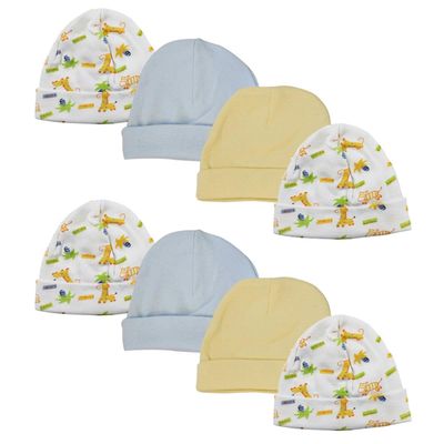 Bambini NC-0311 Baby Boy Infant Caps White & Blue - Newborn - Pack of 8