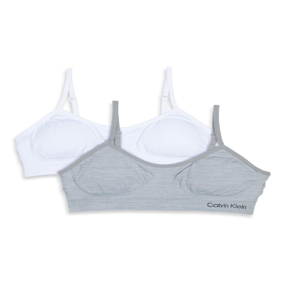 Calvin Klein Kids Girls' Seamless Wirefree Comfort Bralette Bra 2-Pack, Heather Gray/White, X-Large