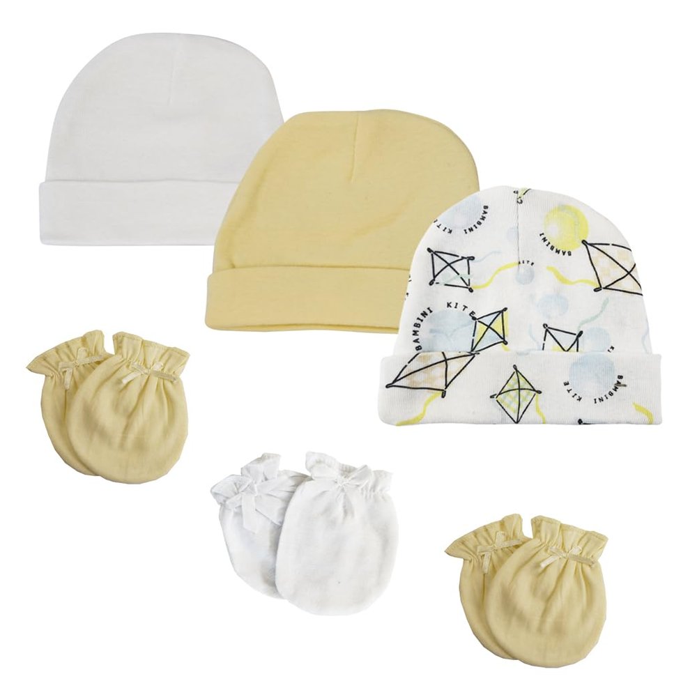 Bambini NC-0362 Baby Boy Baby Girl Unisex Infant Caps & Mittens White - Newborn - Pack of 6