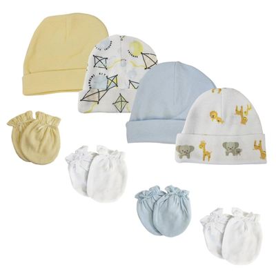 Bambini NC-0345 Baby Boys Caps & Mittens White & Blue - Newborn - Pack of 8