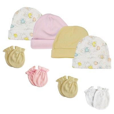 Bambini NC-0270 Girls Baby Caps & Mittens White & Pink - Newborn - Pack of 8