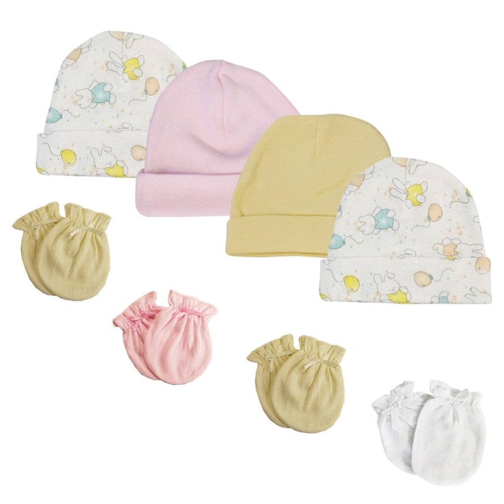 Bambini NC-0270 Girls Baby Caps & Mittens White & Pink - Newborn - Pack of 8