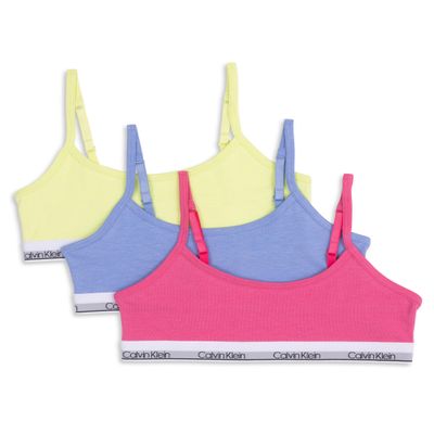 Calvin Klein Kids Girls' Cropped Cotton Cami Bralette 3-Pack, Shocking Pink/Hydrangea/Energy, Small