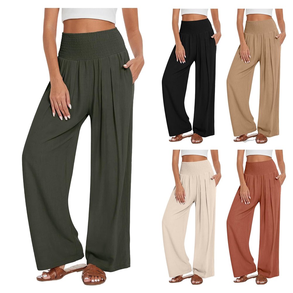 FQFGGYD Women's Summer Linen Wide Leg Pants High Waist Casual Beach Belt Sweatpants Pockets Lounge Pants Women Baggy Pants Army Green