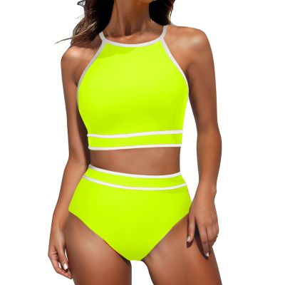 Akklian Women's High Waisted Bikini Sets Sporty Two Piece Swimsuit Color Block High Neck Bathing Suit Athletic Swim Suit