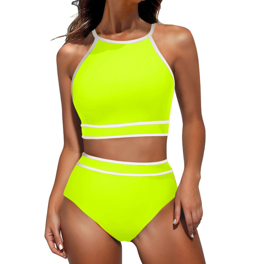 Akklian Women's High Waisted Bikini Sets Sporty Two Piece Swimsuit Color Block High Neck Bathing Suit Athletic Swim Suit