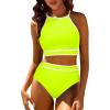 Akklian Women's High Waisted Bikini Sets Sporty Two Piece Swimsuit Color Block High Neck Bathing Suit Athletic Swim Suit view 2
