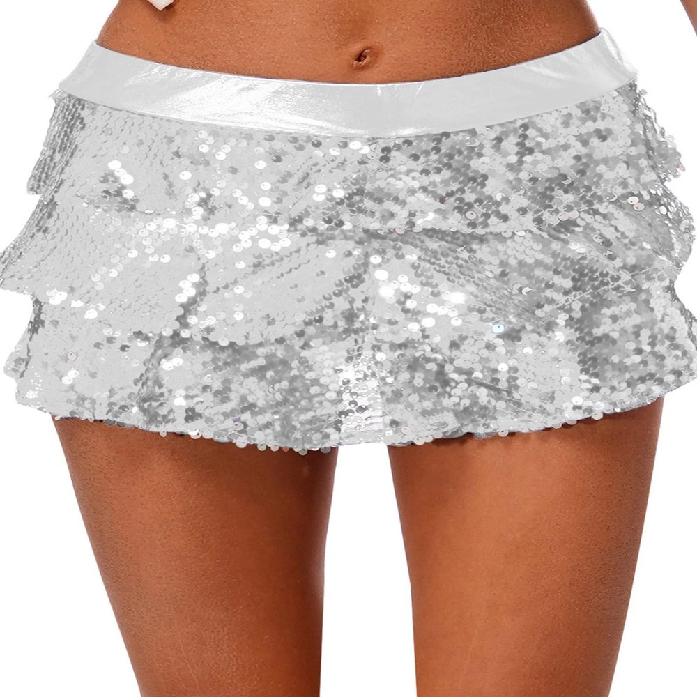 Linjinx Women's Metallic Skirted Shorts Cute Elastic Waistband Dance Culottes for Holiday Party Silver One Size