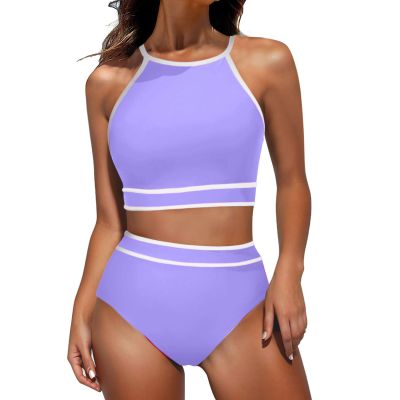 Akklian Women's High Waisted Bikini Sets Sporty Two Piece Swimsuit Color Block High Neck Bathing Suit Athletic Swim Suit