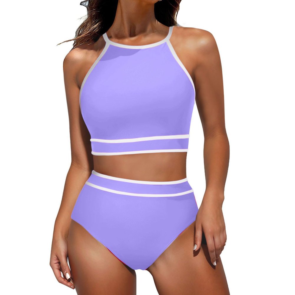 Akklian Women's High Waisted Bikini Sets Sporty Two Piece Swimsuit Color Block High Neck Bathing Suit Athletic Swim Suit