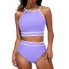 Akklian Women's High Waisted Bikini Sets Sporty Two Piece Swimsuit Color Block High Neck Bathing Suit Athletic Swim Suit view 1