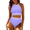 Akklian Women's High Waisted Bikini Sets Sporty Two Piece Swimsuit Color Block High Neck Bathing Suit Athletic Swim Suit view 2
