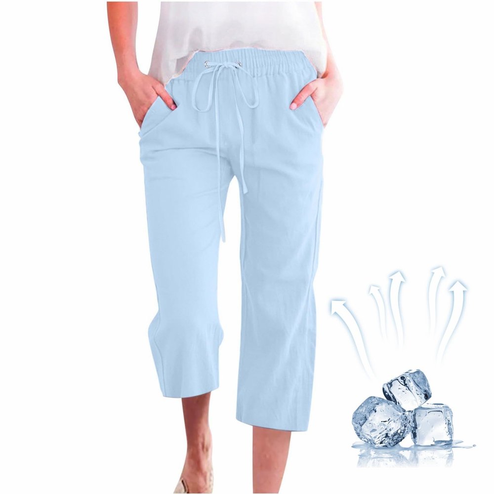 MaMiDay Capris for Seniors, Capri Pants for Women Summer Linen Pants Drawstring Waisted Casual Loose Wide Leg Trousers Cropped Capris with Pockets