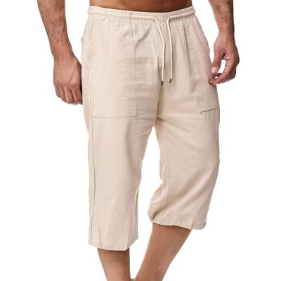 SWJGLITTR Mens Linen Drawstring Capri Pants Lightweight 3/4 Pants Elastic Waist Short Casual Beach Yoga with Pockets Trousers (Apricot,Large)