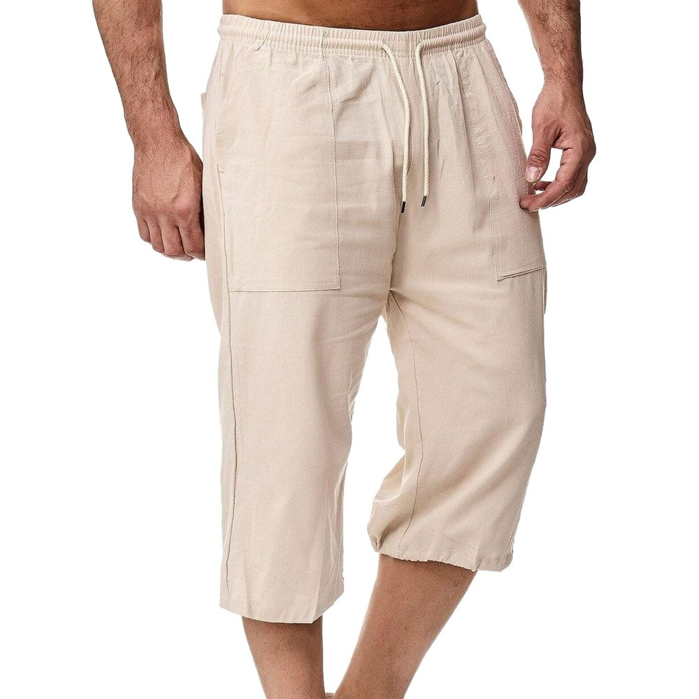 SWJGLITTR Mens Linen Drawstring Capri Pants Lightweight 3/4 Pants Elastic Waist Short Casual Beach Yoga with Pockets Trousers (Apricot,Large)