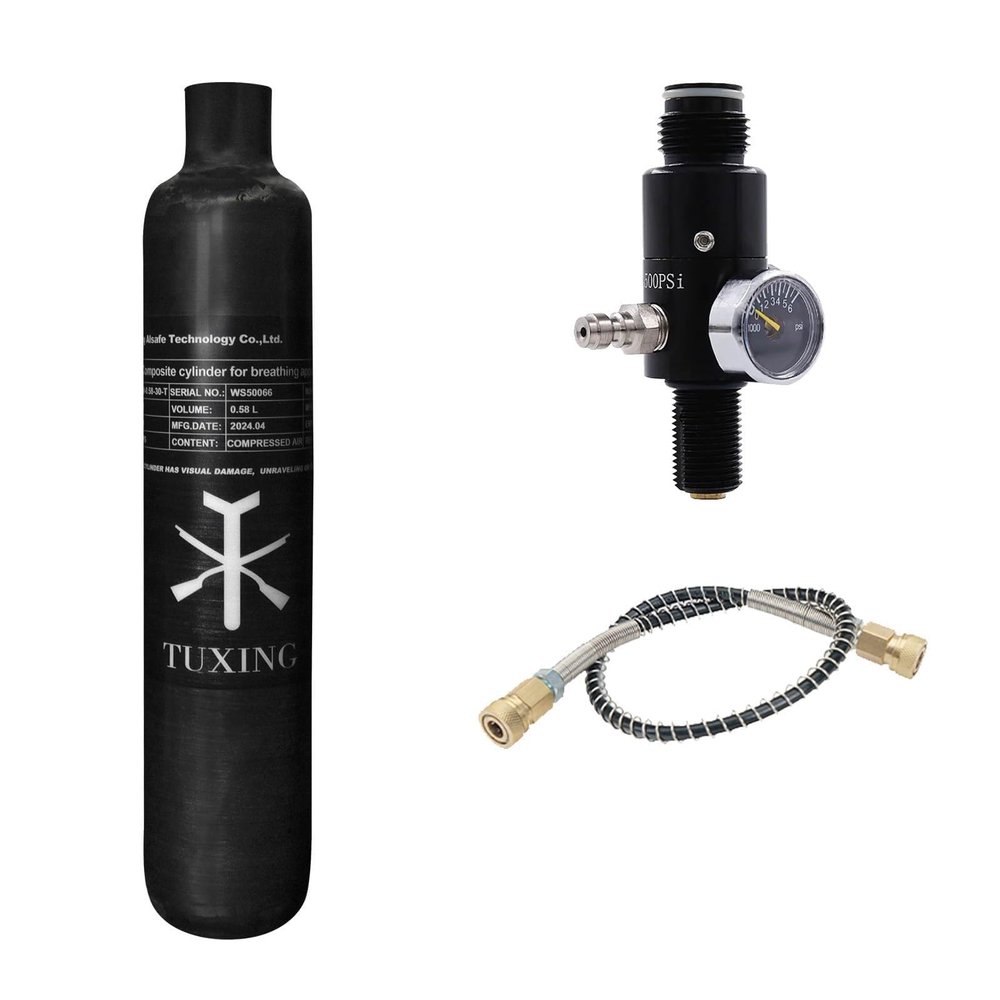 TUXING 4500psi Carbon Fiber PCP Paintball Tank 0.58L CE Approved Composite Cylinder with Paintball Regulator Valve Regulator Gauge Output Pressure:1800psi-M18*1.5