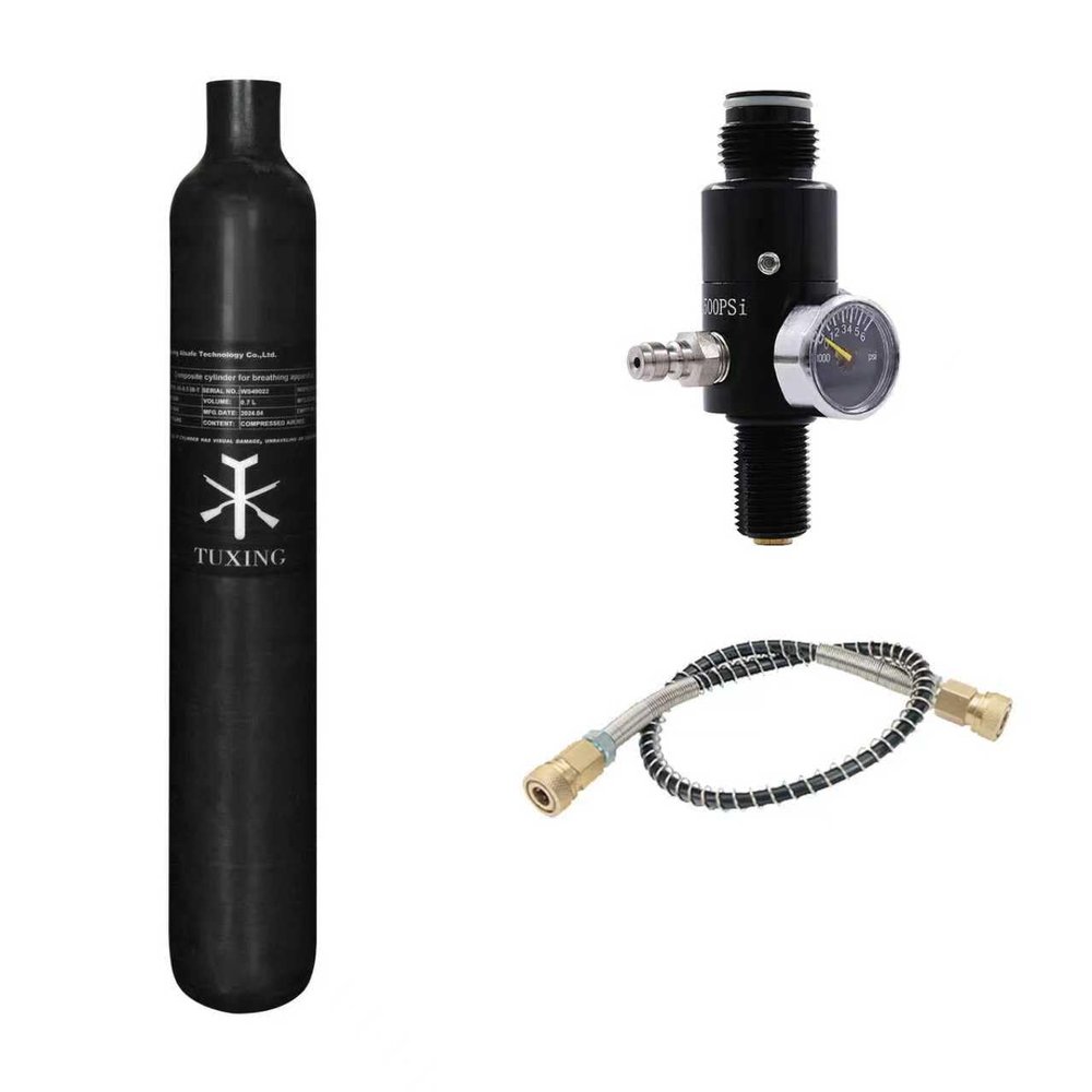 TUXING 4500psi Carbon Fiber PCP Paintball Tank 0.7L CE Approved Composite Cylinder with Paintball Regulator Valve Regulator Gauge Output Pressure:1800psi-M18*1.5