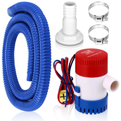 Lounsweer 5 Pcs Bilge Pump Plumbing Kit Including Electric 12v Boat Bilge Water Pump PVC 2 Hose Clamps ThruHull Fitting, 1-1/8-inch(1100gph,Blue)