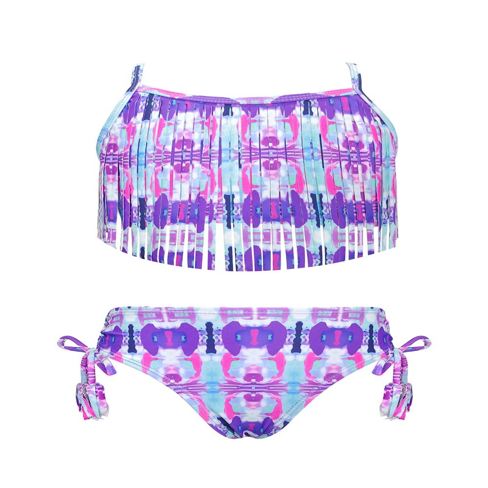 SHEKINI Girls Tie Side Sports Tassel Bikini Set Printing Two-Piece Swimsuit(Purple Pink,10 Years)